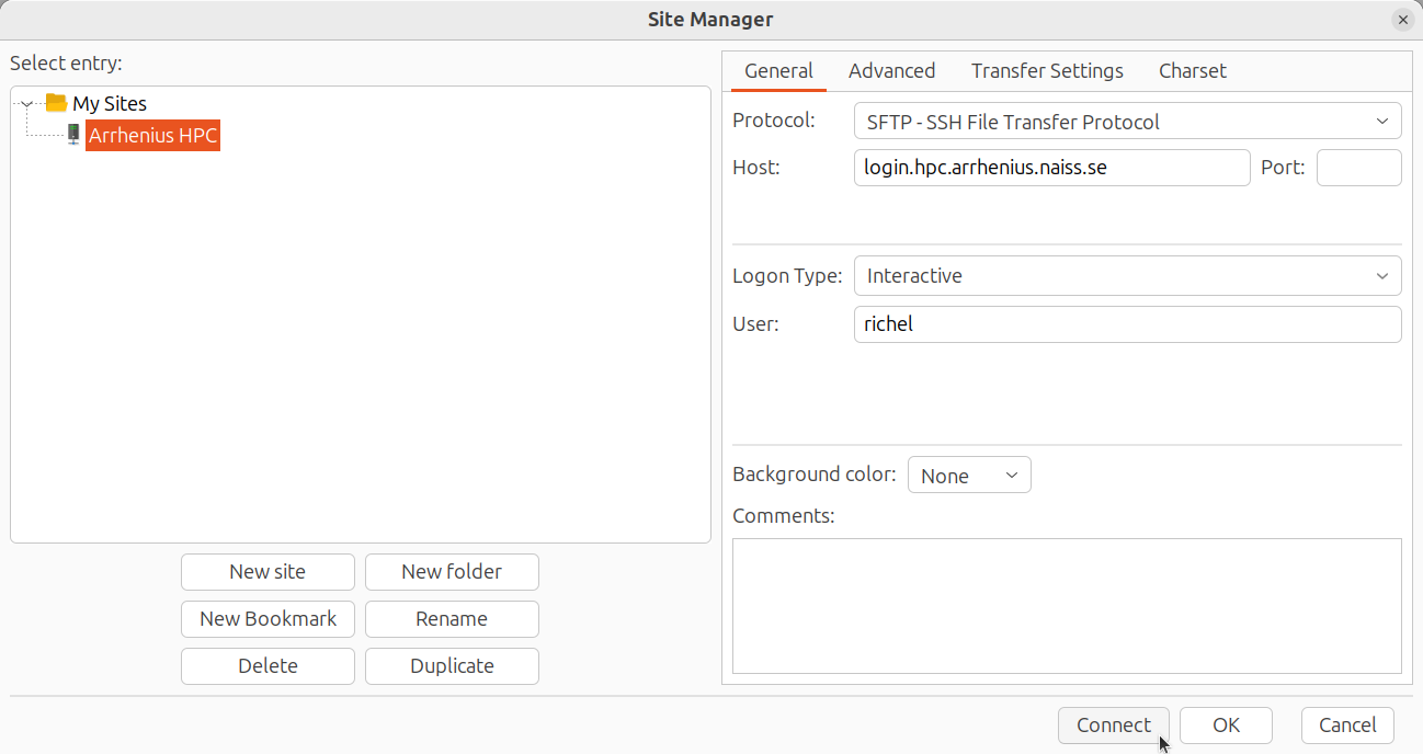 FileZilla configured for Arrhenius, 'General'