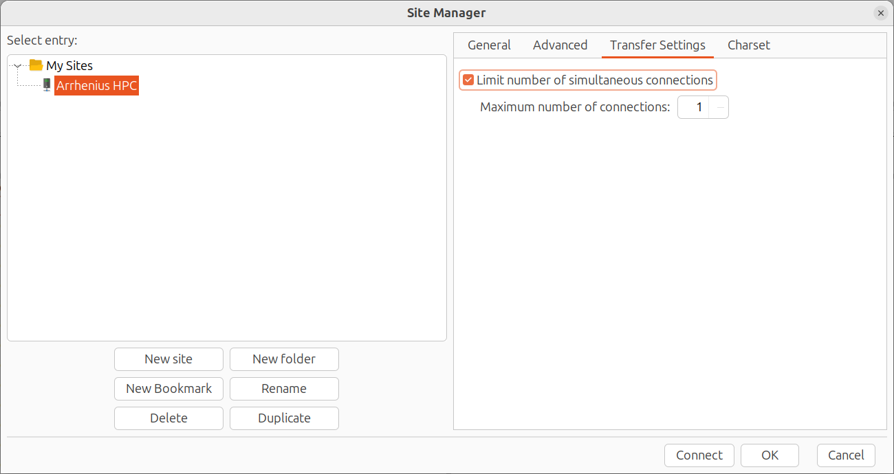 FileZilla configured for Arrhenius, 'Transfer Settings'