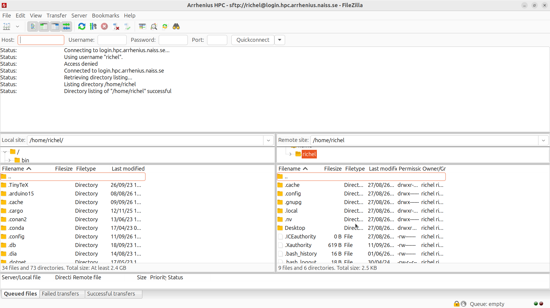 FileZilla is connected to Arrhenius